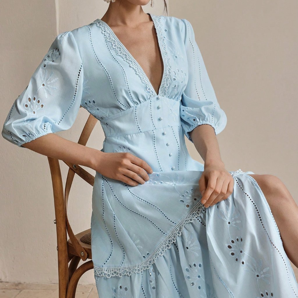 Baby Blue Elegant Women's V-Neck Slit Lace Embroidery Vacation Long Dress